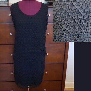 Renuar Solid Black Scalloped Embroidered Overlay Sheath Dress, Size S
